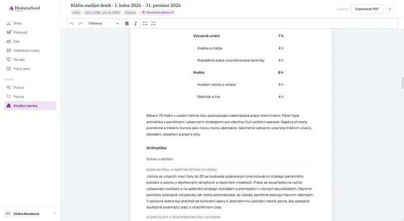 Studijní deník Kláry: písemné vyprávění o tom, co se skutečně naučila, uspořádané podle předmětů, připravené k úpravám a exportu do PDF.