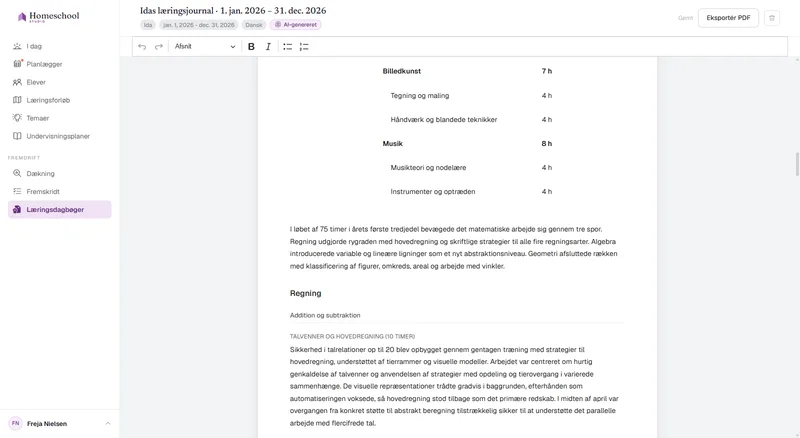 Idas læringsdagbog: en skreven fortælling om, hvad hun faktisk lærte, organiseret efter fag, klar til at redigere og eksportere til PDF.