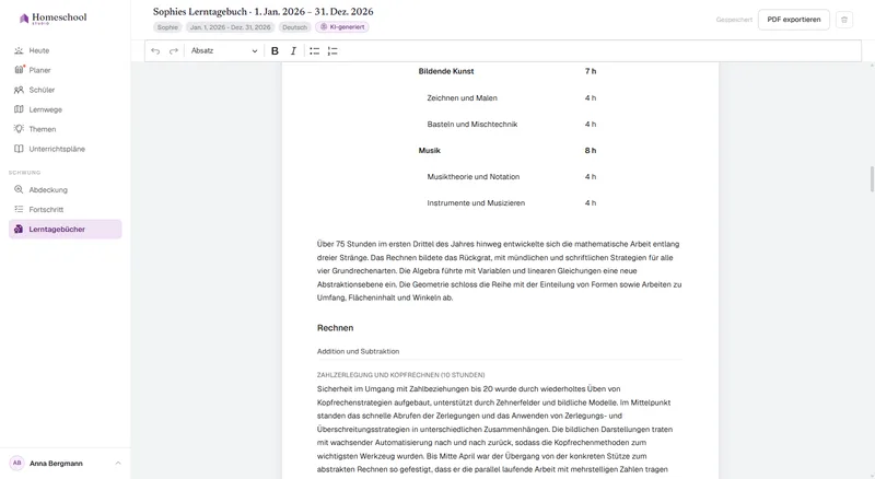 Sophies Lerntagebuch: eine geschriebene Erzählung dessen, was sie tatsächlich gelernt hat, nach Fächern geordnet, bereit zum Bearbeiten und als PDF zu exportieren.