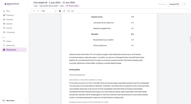 Liisa õpipäevik: kirjalik jutustus sellest, mida ta tegelikult õppis, aine kaupa korraldatud, valmis redigeerimiseks ja PDF-i eksportimiseks.