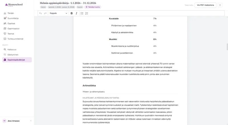 Helmin oppimispäiväkirja: kirjallinen kertomus siitä, mitä hän todella oppi, aineittain jäsenneltynä, valmiina muokattavaksi ja vietäväksi PDF-muotoon.