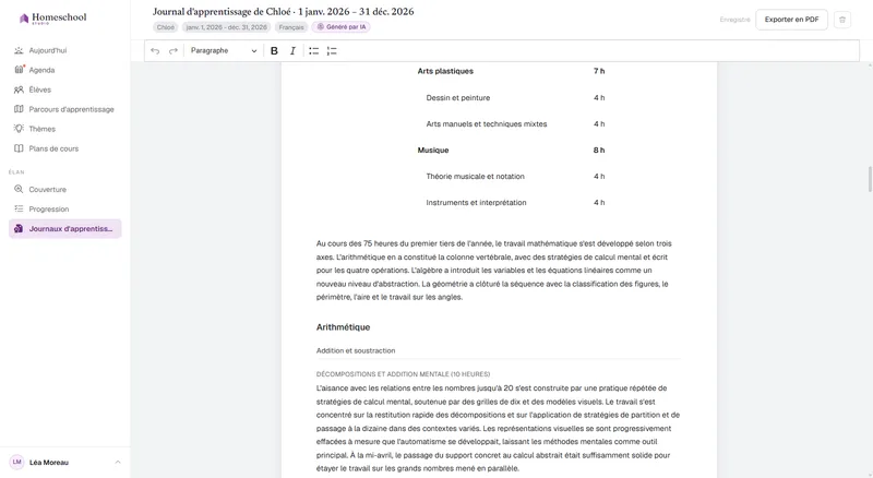 Le journal d'apprentissage d'Chloé : un récit écrit de ce qu'elle a réellement appris, organisé par matière, prêt à être édité et exporté en PDF.