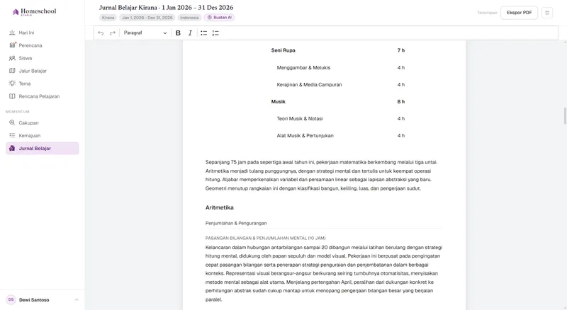 Jurnal Belajar Kirana: narasi tertulis tentang apa yang benar-benar ia pelajari, dikelompokkan menurut mata pelajaran, siap disunting dan diekspor ke PDF.