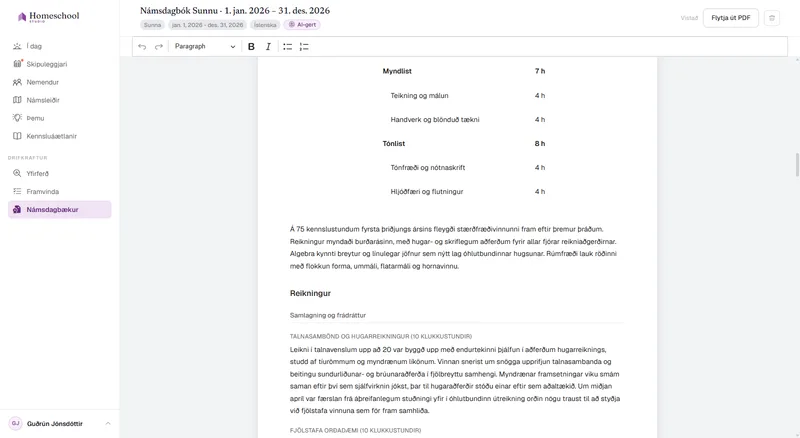 Námsdagbók Sunnu: skrifleg frásögn af því sem hún raunverulega lærði, skipulögð eftir fögum, tilbúin til að breyta og flytja út í PDF.