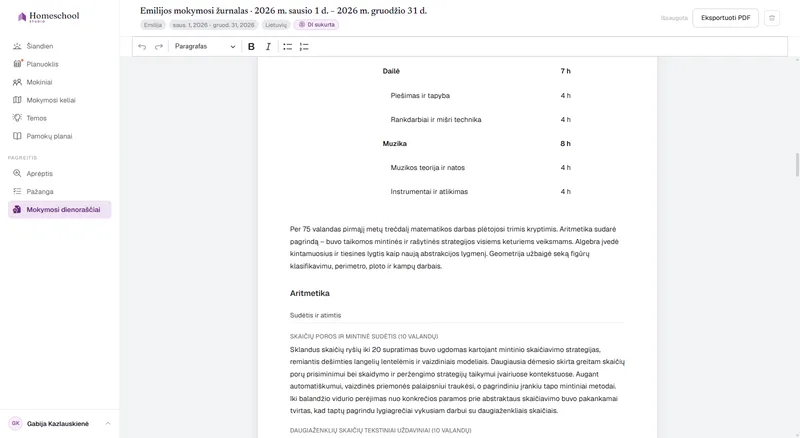 Emilijos mokymosi dienoraštis: rašytinis pasakojimas apie tai, ką ji iš tikrųjų išmoko, sutvarkytas pagal dalykus, paruoštas redaguoti ir eksportuoti į PDF.