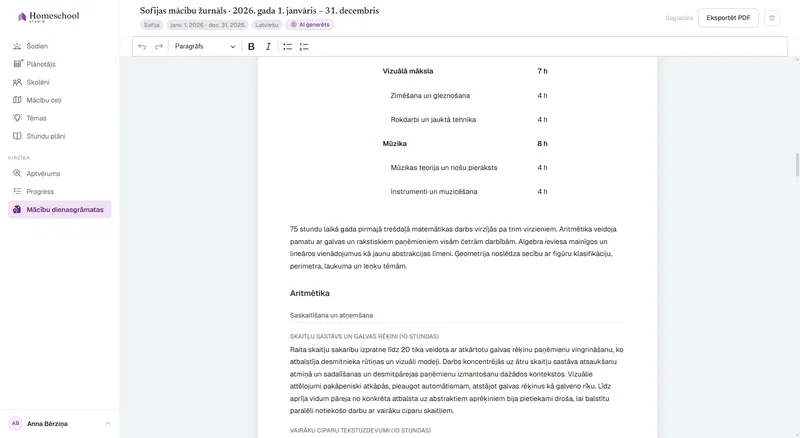 Sofijas mācību dienasgrāmata: rakstīts stāsts par to, ko viņa patiešām iemācījās, sakārtots pa priekšmetiem, gatavs rediģēšanai un eksportēšanai PDF formātā.