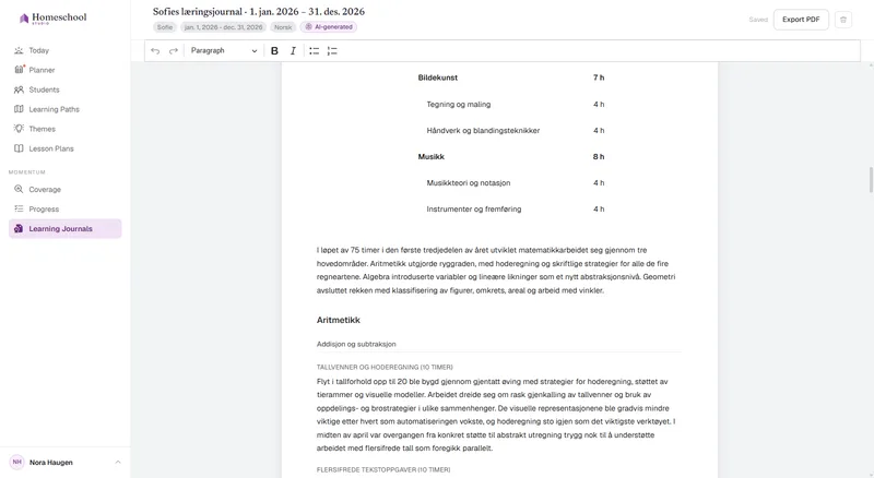 Sofies læringsdagbok: en skriftlig fortelling om hva hun faktisk lærte, organisert etter fag, klar til å redigere og eksportere til PDF.
