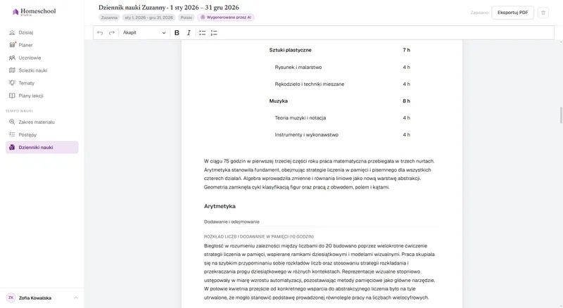 Dziennik nauki Zuzanny: pisemna opowieść o tym, czego naprawdę się nauczyła, uporządkowana według przedmiotów, gotowa do edycji i eksportu do PDF.