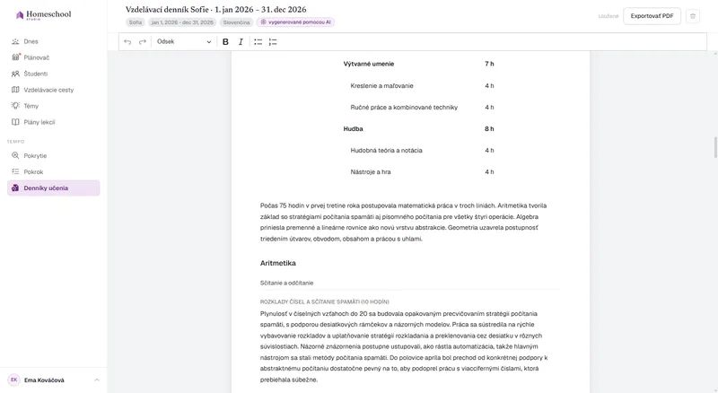 Sofiin denník učenia: písaný príbeh toho, čo sa naozaj naučila, usporiadaný podľa predmetov, pripravený na úpravu a export do PDF.