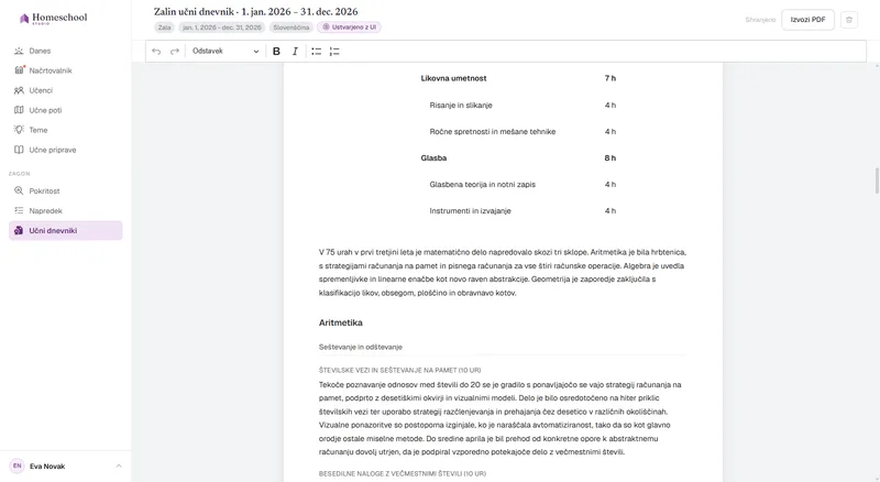 Zalin učni dnevnik: napisana pripoved o tem, česar se je resnično naučila, urejena po predmetih, pripravljena za urejanje in izvoz v PDF.