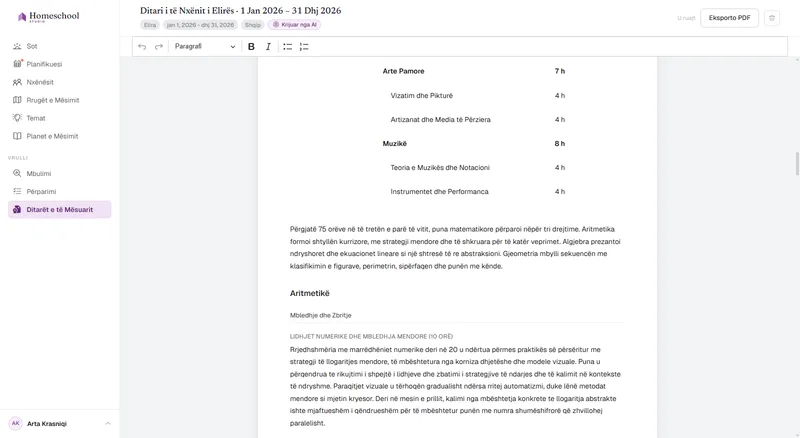 Ditari Mësimor i Eliras: një rrëfim i shkruar i asaj që ajo mësoi vërtet, i organizuar sipas lëndëve, gati për t'u redaktuar dhe eksportuar në PDF.
