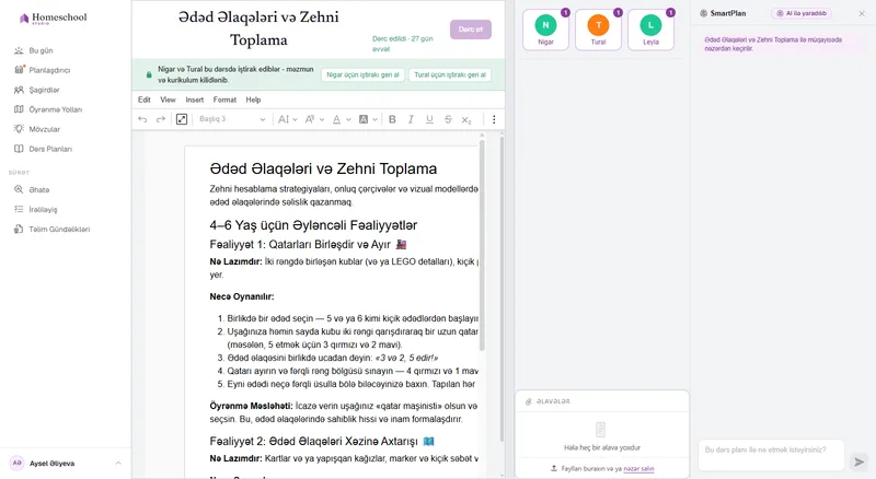 Dərs planı sənəd redaktoru: başlıqları, şəkli, yoxlama siyahısı və cədvəli olan zəngin formatlanmış bir dərs, əsl sənəd səthində yazılıb.