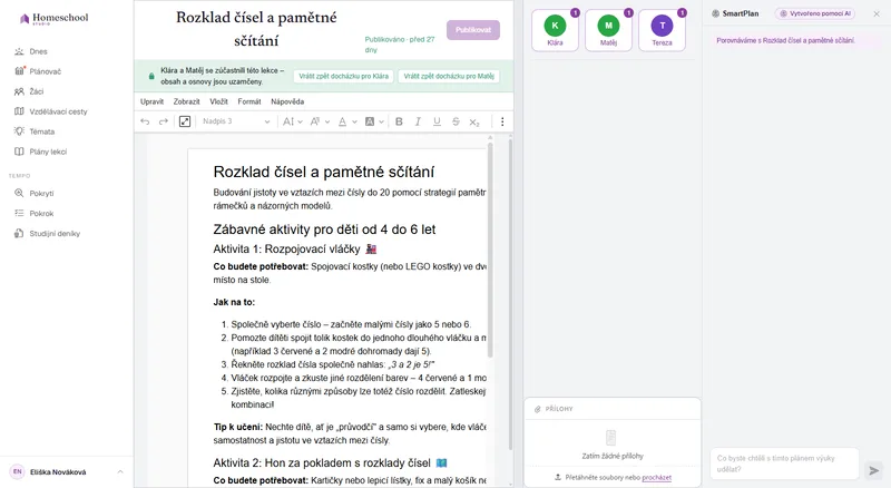 Editor dokumentu plánu lekce: bohatě formátovaná lekce s nadpisy, obrázkem, kontrolním seznamem a tabulkou, napsaná na ploše skutečného dokumentu.