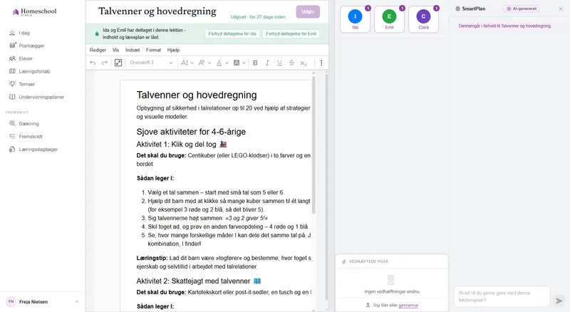 Dokumenteditoren til undervisningsplanen: en rigt formateret lektion med overskrifter, et billede, en tjekliste og en tabel, skrevet på en rigtig dokumentflade.