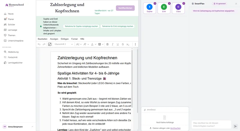 Der Dokumenteneditor für Unterrichtspläne: eine reich formatierte Lektion mit Überschriften, einem Bild, einer Checkliste und einer Tabelle, geschrieben auf einer echten Dokumentoberfläche.