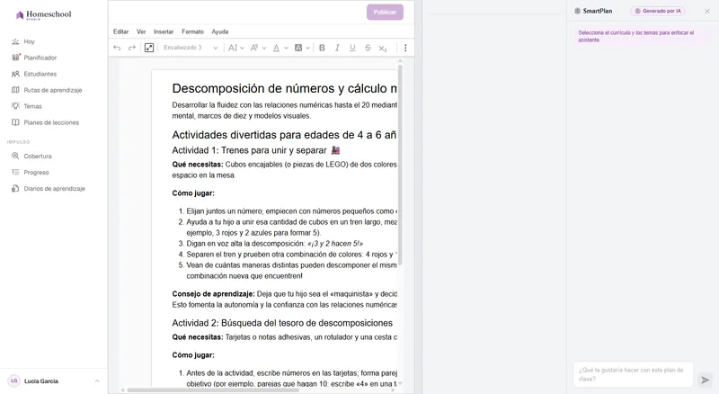 El editor de documentos de planes de lecciones: una lección con formato completo, con títulos, una imagen, una lista de tareas y una tabla, escrita sobre una superficie de documento real.