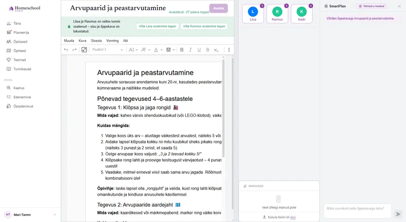 Tunnikava dokumendiredaktor: rikkalikult vormindatud tund pealkirjade, pildi, kontrollnimekirja ja tabeliga, kirjutatud päris dokumendipinnale.