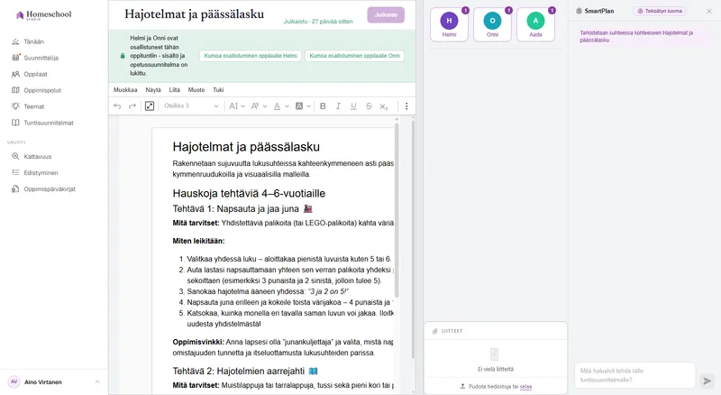 Tuntisuunnitelman asiakirjamuokkain: monipuolisesti muotoiltu oppitunti otsikoineen, kuvineen, tarkistuslistoineen ja taulukoineen, kirjoitettuna aidolle asiakirjapinnalle.