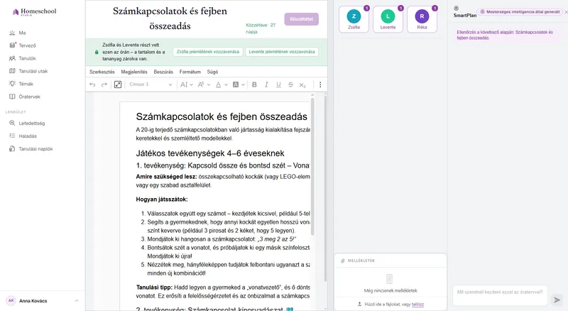 Az óraterv dokumentumszerkesztője: gazdagon formázott óra címsorokkal, egy képpel, egy ellenőrzőlistával és egy táblázattal, valódi dokumentumfelületen megírva.