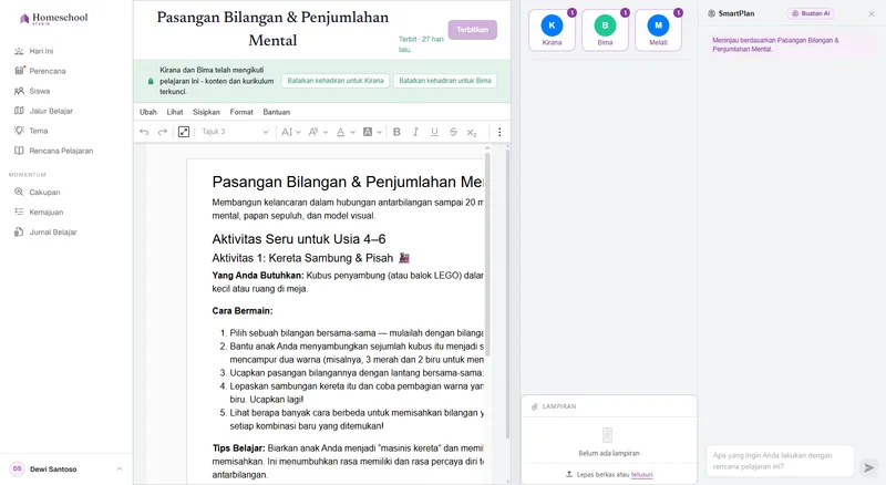 Editor dokumen rencana pelajaran: sebuah pelajaran yang diformat dengan kaya berisi judul, gambar, daftar centang, dan tabel, ditulis di atas permukaan dokumen sungguhan.