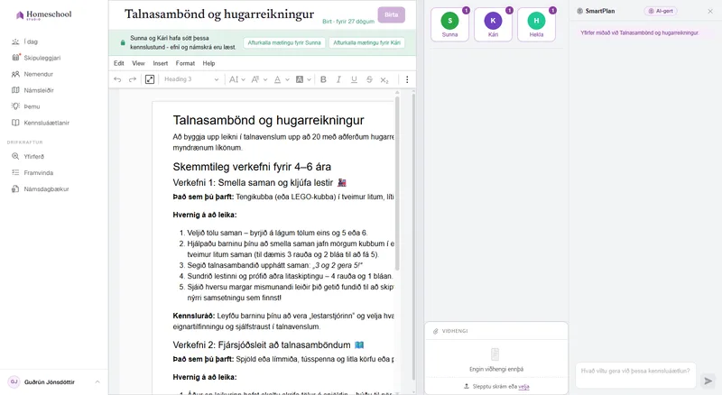 Skjalaritill kennsluáætlunar: ríkulega sniðin kennslustund með fyrirsögnum, mynd, gátlista og töflu, skrifuð á alvöru skjalafleti.