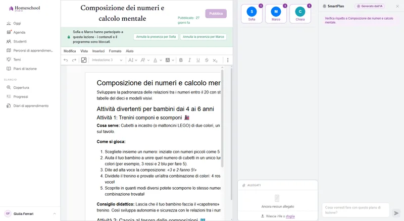 L'editor del documento del piano di lezione: una lezione riccamente formattata con titoli, un'immagine, una lista di controllo e una tabella, scritta su una vera superficie documento.