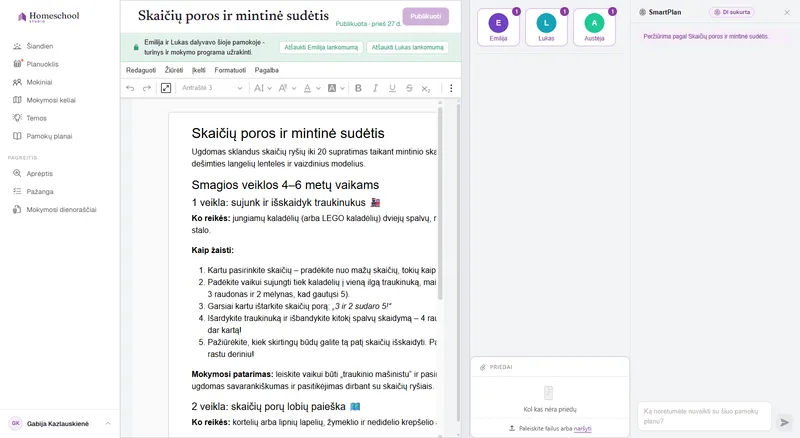 Pamokų plano dokumento redaktorius: turtingai suformatuota pamoka su antraštėmis, paveikslėliu, kontroliniu sąrašu ir lentele, parašyta tikro dokumento paviršiuje.