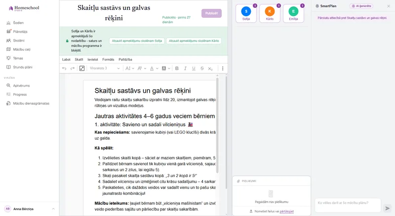 Stundu plāna dokumentu redaktors: bagātīgi formatēta nodarbība ar virsrakstiem, attēlu, kontrolsarakstu un tabulu, rakstīta uz īstas dokumenta virsmas.