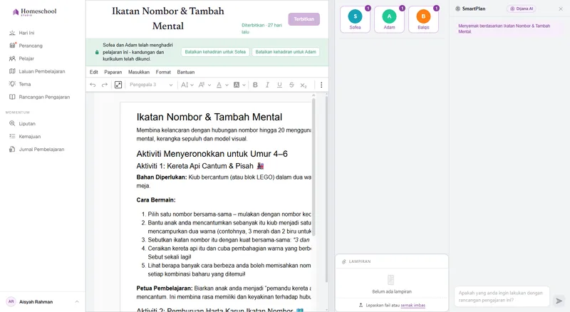 Editor dokumen rancangan pengajaran: pelajaran yang diformat dengan kaya dengan tajuk, imej, senarai semak dan jadual, ditulis pada permukaan dokumen sebenar.