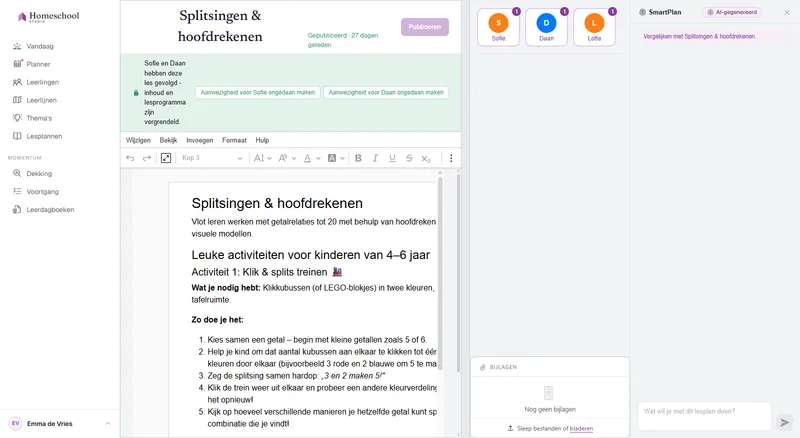 De documenteditor voor lesplannen: een rijk opgemaakte les met koppen, een afbeelding, een checklist en een tabel, geschreven op een echt documentoppervlak.