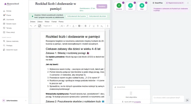 Edytor dokumentu planu lekcji: bogato sformatowana lekcja z nagłówkami, obrazem, listą kontrolną i tabelą, napisana na powierzchni prawdziwego dokumentu.