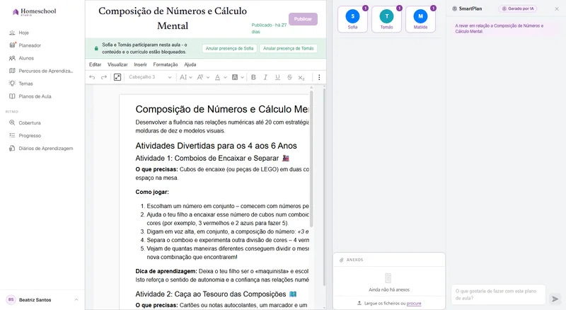 O editor de documentos do plano de aula: uma aula ricamente formatada com títulos, uma imagem, uma lista de verificação e uma tabela, escrita numa verdadeira superfície de documento.