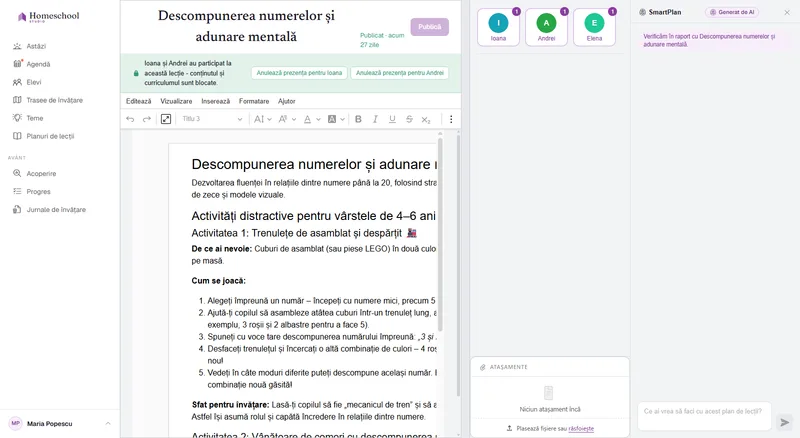 Editorul de documente pentru planul de lecție: o lecție bogat formatată cu titluri, o imagine, o listă de verificare și un tabel, scrisă pe o suprafață de document reală.