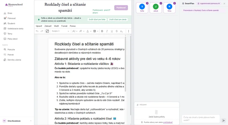 Editor dokumentu plánu lekcie: bohato naformátovaná lekcia s nadpismi, obrázkom, kontrolným zoznamom a tabuľkou, napísaná na skutočnej ploche dokumentu.