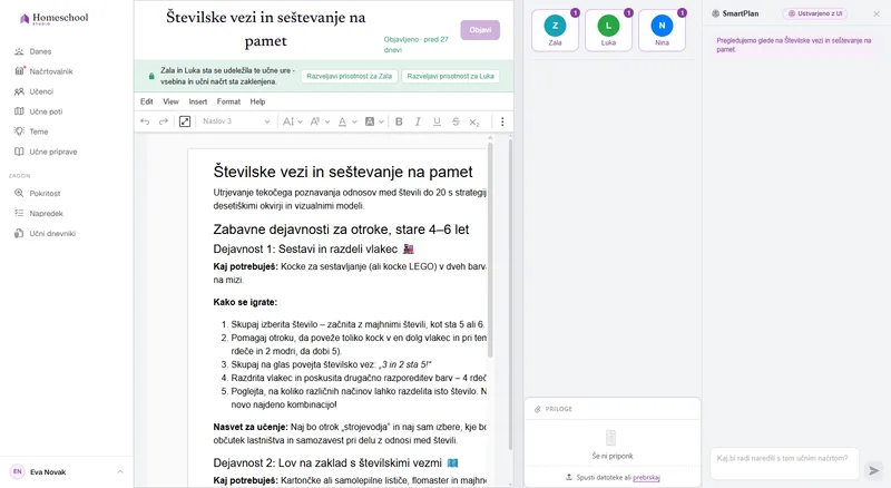 Urejevalnik dokumenta učne priprave: bogato oblikovana učna ura z naslovi, sliko, kontrolnim seznamom in tabelo, napisana na pravi dokumentni površini.