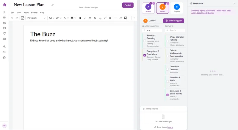 The lesson plan document editor: a richly formatted lesson with headings, an image, a checklist and a table, written on a real document surface.