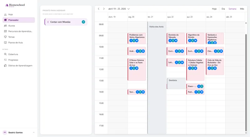 A vista semanal do Planeador: as aulas de cada filho distribuídas ao longo da semana, cada uma assinalada com os filhos presentes, ao lado de eventos da vida real a cinzento – uma visita dos avós, o dentista, o desporto – para que a escola se planeie à volta da vida que já tem.
