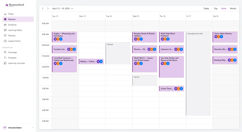 The Planner week view: every child's lessons laid across the week, each tagged with the children attending, sitting beside grayed real-life events – a grandparents' visit, the dentist, sports – so school plans around the life you already have.