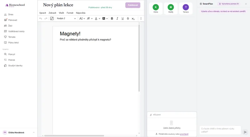 Téměř prázdný plán lekce v editoru – výchozí bod předtím, než pro vás SmartPlan připraví obsah.