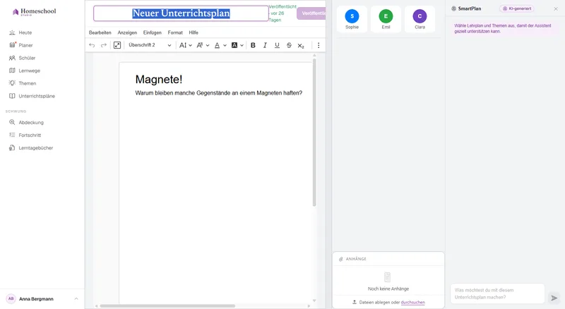 Ein nahezu leerer Unterrichtsplan im Editor – der Ausgangspunkt, bevor SmartPlan Inhalte für dich entwirft.