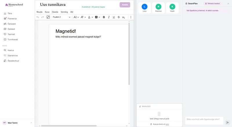 Peaaegu tühi tunnikava redaktoris – lähtepunkt enne, kui SmartPlan sisu sinu eest koostab.