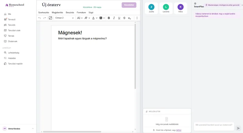 Egy szinte üres óraterv a szerkesztőben – a kiindulópont, mielőtt a SmartPlan tartalmat fogalmazna neked.