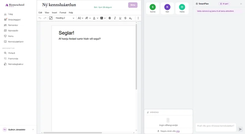 Nær tóm kennsluáætlun í ritlinum – upphafspunkturinn áður en SmartPlan útbýr efni fyrir þig.