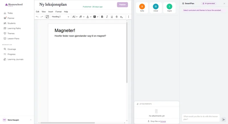 En nesten tom undervisningsplan i redigereren – utgangspunktet før SmartPlan lager et innholdsutkast for deg.