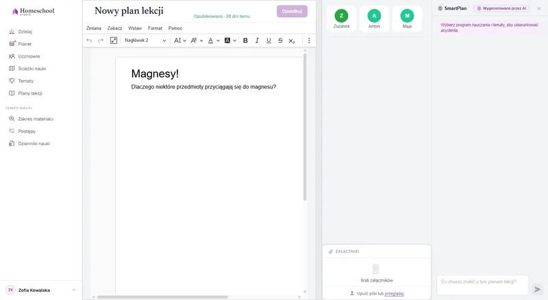 Niemal pusty plan lekcji w edytorze – punkt wyjścia, zanim SmartPlan przygotuje dla Ciebie treść.