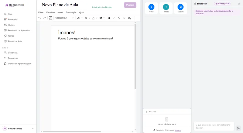 Um plano de aula quase vazio no editor – o ponto de partida antes de o SmartPlan redigir o conteúdo para si.