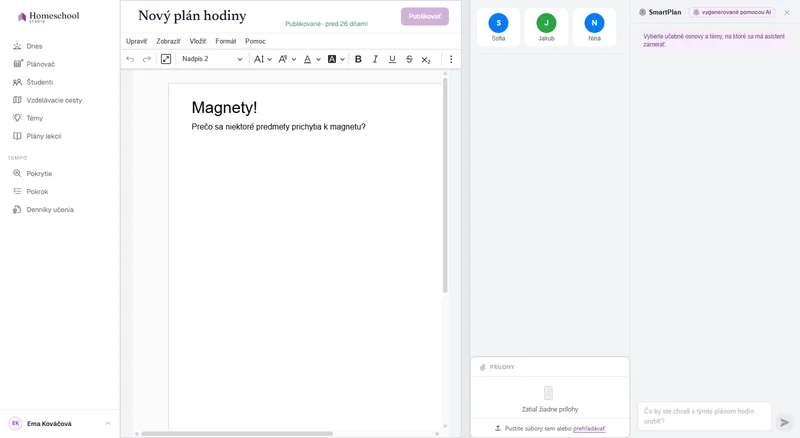 Takmer prázdny plán lekcie v editore – východiskový bod, kým ti SmartPlan pripraví obsah.
