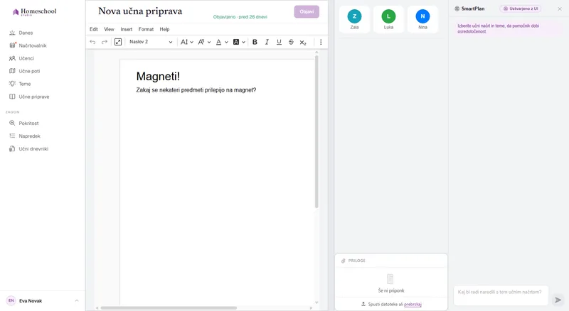 Skoraj prazna učna priprava v urejevalniku – izhodišče, preden SmartPlan zate pripravi vsebino.