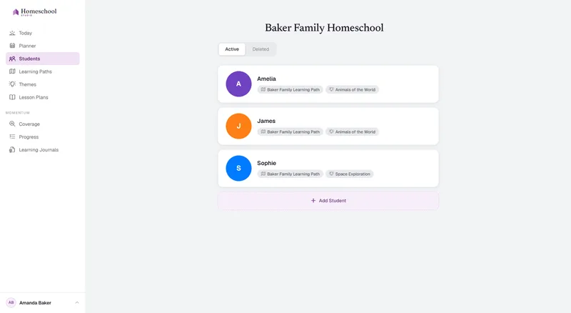 The students roster for the Baker family: Amelia, James, and Sophie, each with their own learning path and their own theme – Animals of the World for two of them, Space Exploration for Sophie – switched between in a click.