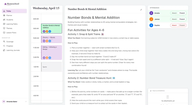 The Today view: the day's lessons for each child laid out in order, each with a tick to mark it complete and attendance recorded – the day's teaching, ready to work through.